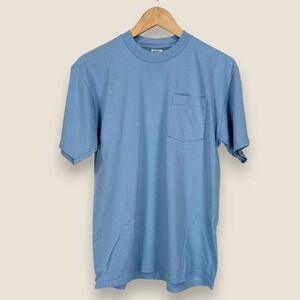 VTG Jerzees Pocket T-Shirt Men Large Blue Made in USA Single Stitch Preshrunk